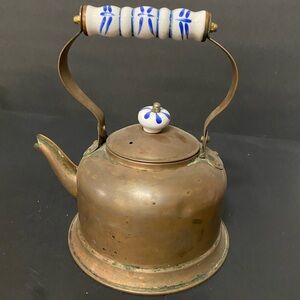 Vintage Copper Teapot with Blue and White Handle